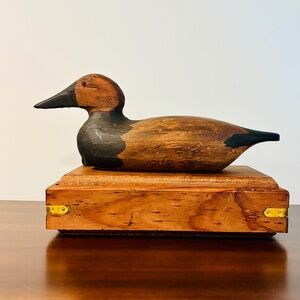 Vintage Wooden Box with Duck Carving 13"